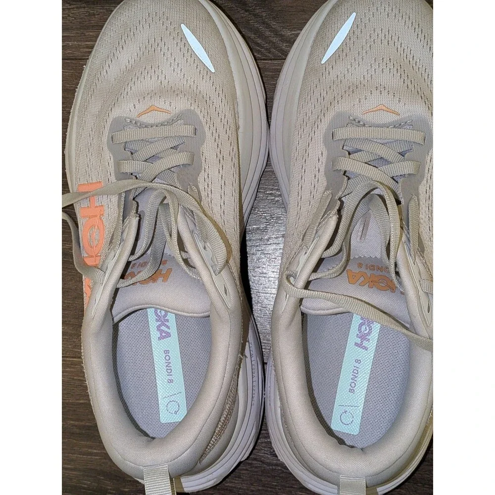 HOKA Bondi 8 Women's Running Shoes/Beige & Orange/ Mesh Low Top Lace-Up/Size 9D